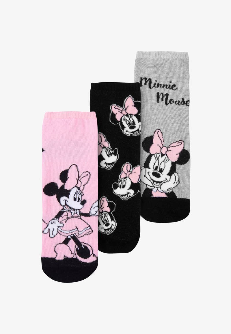 Tre paia di calzini: rosa, nera e grigia. Presentano design di Minnie Mouse; accenti a forma di fiocco rosa, motivi neri e espressioni diverse.