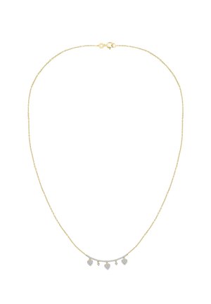 Zarte Goldkette mit einem gebogenen Stab-Anhänger, der fünf hängende herzförmige Charms mit kleinen Diamanten besetzt hat.