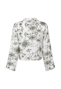 Witte overhemd met lange mouwen, voorzien van een zwart gedetailleerd bloemen- en vlindersmotief, kraag en knoopmanchetten, getoond vanuit de achterkant.