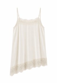 Camisole sans manches couleur crème avec finition en dentelle sur le haut et ourlet en dentelle festonné asymétrique.