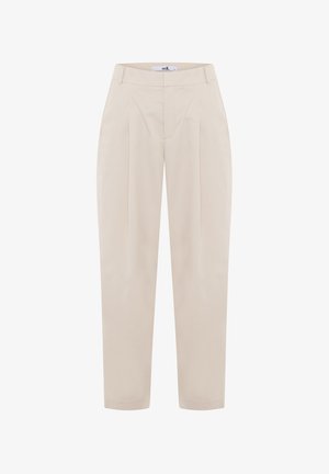 Beige skræddersyede bukser med høj talje, plisseret front og tapered ben. Lavet af letvægtsstof med en glat tekstur.