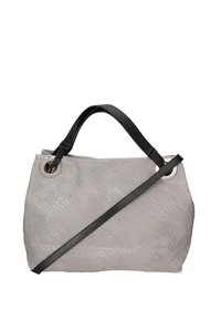 Borsa a tracolla grigia intrecciata con una superficie texture, dotata di un'unica maniglia nera e un dettaglio decorativo ad anello argentato. Include una tracolla rimovibile.