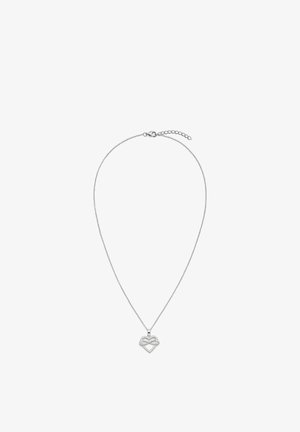 Silberne Halskette mit herzförmigem Anhänger, der ein Schleifendekor, strukturierte Akzente und eine zarte Kette mit verstellbarer Länge aufweist.