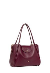 Borsa in pelle bordeaux con design strutturato, superficie liscia, doppi manici, chiusura a patta e accenti in hardware dorato.
