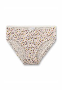 Biancheria intima in cotone bianco con piccoli motivi floreali in rosa, giallo e grigio. Presenta una morbida fascia elastica in vita e un delicato bordo in pizzo.
