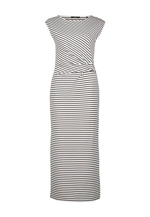 Striped midi dress in white and black, featuring a knot detail at the waist, short sleeves, and a fitted silhouette. Made of soft fabric.