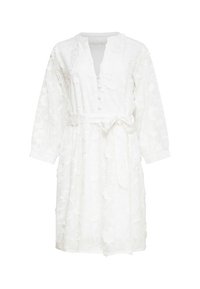 Weißes, besticktes Kleid mit langen Ärmeln, V-Ausschnitt, Knopfleiste und Taillengürtel. Verfügt über florale Muster und einen strukturierten Stoff.