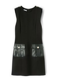 Robe sans manches noire avec deux pattes de poche vertes, boutons-pression argentés, et accents décoratifs aux épaules. Tissu lisse et design ajusté.