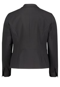 Blazer noir sur mesure à manches longues, coutures arrière cintrées et poignets boutonnés, vu de dos sur fond blanc.