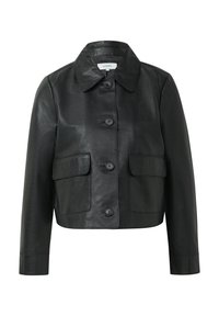 Schwarze, kurz geschnittene Lederjacke mit Kragen, Knopfleiste vorne und zwei aufgesetzten Taschen. Glatte Textur mit figurbetonter Silhouette.