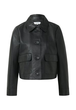 Black leather cropped jacket with a collared neckline, front button closure, and two patch pockets. Smooth texture with a fitted silhouette.