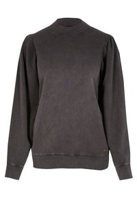 Dunkelgrauer Sweatshirt mit hochgeschlossenem Kragen, gerippten Bündchen und leicht gepufften Ärmeln. Weicher, strukturierter Stoff mit einem kleinen Logodetail am Saum.