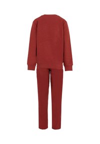 Czerwony dres z bawełny składający się z bluzy z okrągłym dekoltem i pasujących spodni. Charakteryzuje się jednolitym kolorem, ściągaczami i luźnym krojem.