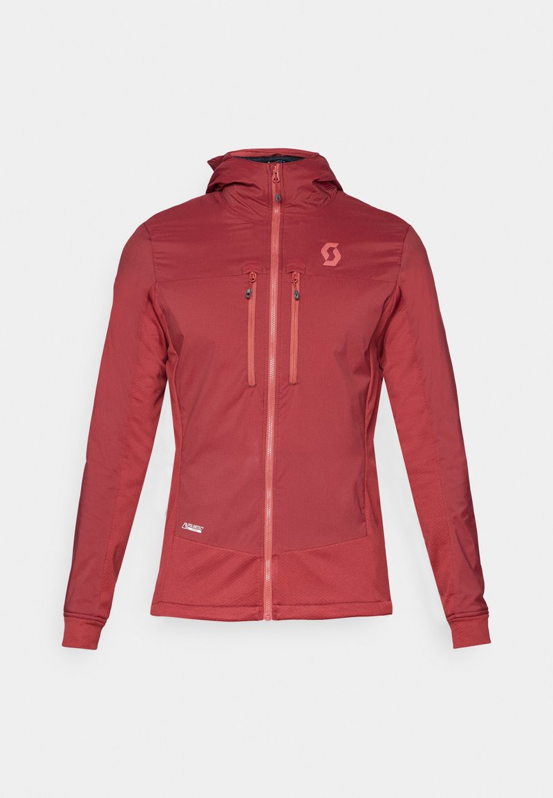 Rode hooded jacket met twee ritszakken op de borst, textiele stof en een logo op de bovenste linkerkant. Strak ontwerp met elastische manchetten.