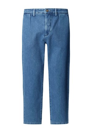 Pantalon en denim bleu avec un motif rayé vertical, doté d'une fermeture à bouton, de passants de ceinture et d'une coupe droite.