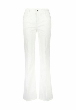 Witte hoge taille broeken met voorste knoop en rits, rechte pijpen en voorzakken, afgebeeld op een effen witte achtergrond.