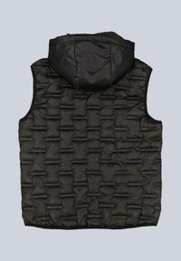 Schwarze, wattierte Weste mit Kapuze. Strukturierte Oberfläche mit gesteppten Quadraten. Ärmelloses Design und elastischer Saum für eine enge Passform.