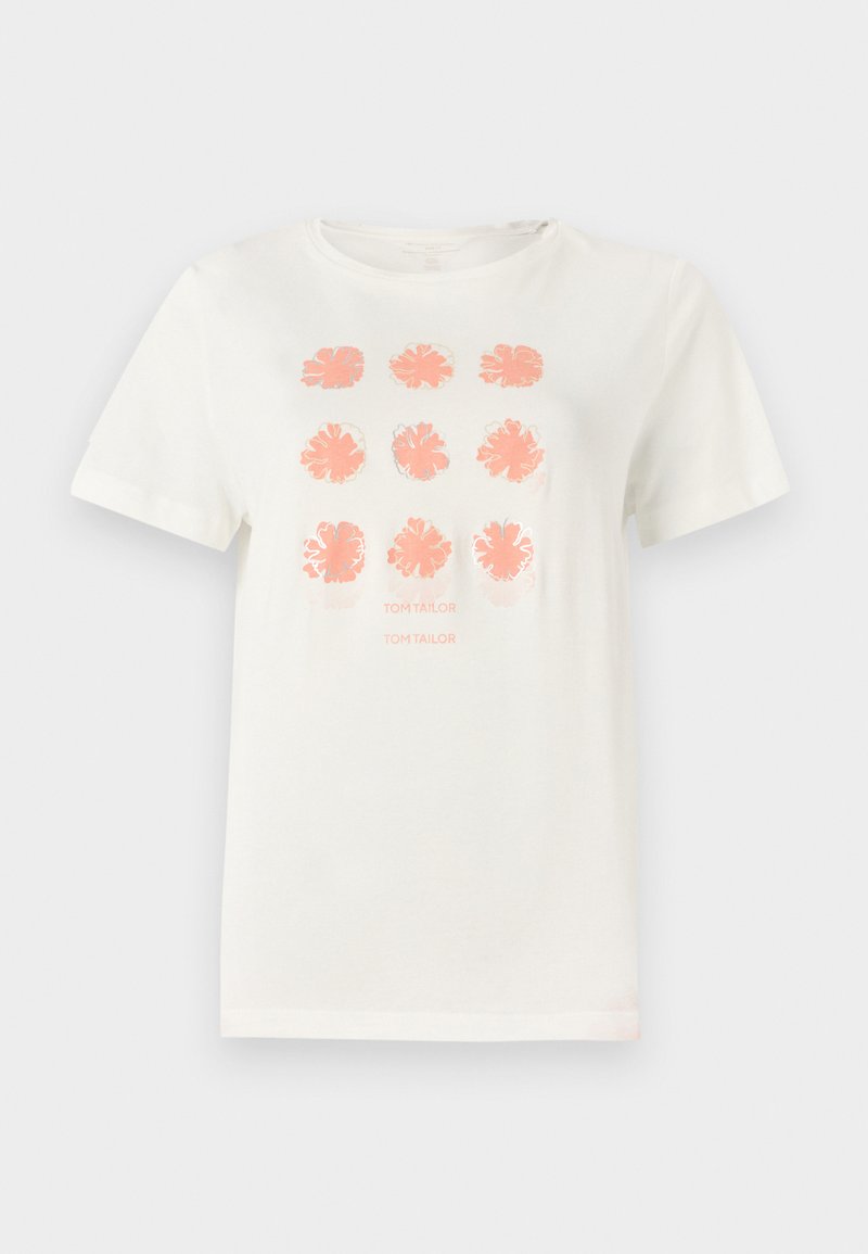 T-shirt en coton blanc arborant neuf motifs floraux en corail, avec "TOM TAILOR" imprimé en dessous dans une teinte assortie. Manches courtes, col rond.