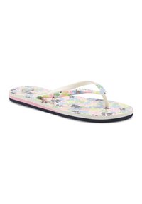 Kukka-aiheinen flip-flop, jossa on monivärinen kuvioitu pohja, valkoiset hihnat ja pieni metallikoriste. Pehmeä kumipohja, jossa on vaaleanpunaisia ja tummansinisä kerroksia.