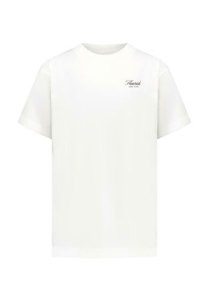 Witte T-shirt met korte mouwen en ronde hals, met een klein zwart "Flourish Cars Jeans" tekstlogo op de linkerborst.