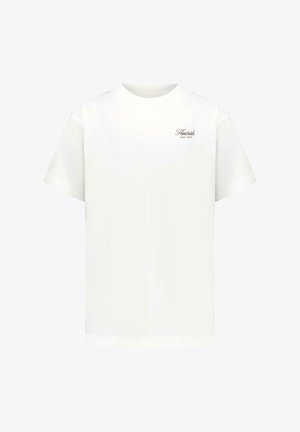 Witte T-shirt met korte mouwen en ronde hals, met een klein zwart "Flourish Cars Jeans" tekstlogo op de linkerborst.