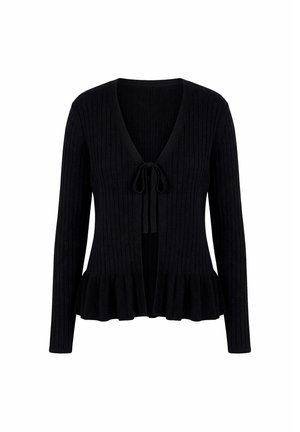 Sort ribstrikket cardigan med lange ærmer, V-hals, bindelukning foran og flæsekant nederst.