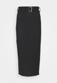 Jupe crayon noire en tissu lisse, avec une ceinture à la taille dotée d'une boucle rectangulaire en or et une silhouette ajustée.