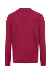 Langarm-Pullover in Burgunderrot, aus weichem Strickstoff gefertigt. Verfügt über einen Rundhalsausschnitt sowie gerippte Bündchen und Saum. Rückansicht gezeigt.