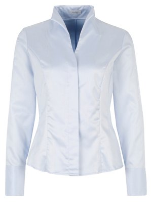 Lichtblauw overhemd met lange mouwen van gladde stof, met een gestructureerde kraag, getailleerde pasvorm en subtiele verticale strepen.