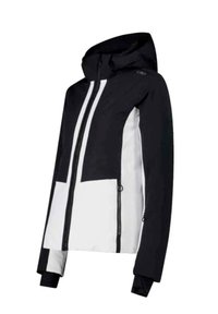 Giacca sportiva bianca e nera con cappuccio, caratterizzata da un design a blocchi di colore, cerniera frontale e polsini elastici. Il materiale sembra liscio e leggero.