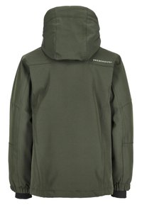 Vihreä vedenpitävä takki, jossa on mukautuva huppu, joustavat hihansuut ja sivutaskut. Takissa on hienovarainen logo yläselässä. Suuri tekstuuri.