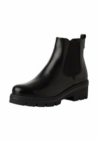 Botas Chelsea de cuero negro con paneles laterales elásticos, un tirador y una suela de goma gruesa con un patrón texturizado.