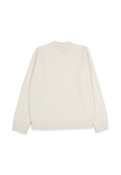 Maglione lavorato a maglia color crema con maniche lunghe e polsini, colletto e orlo a coste, mostrato da dietro su uno sfondo bianco.