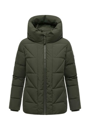 Veste rembourrée verte avec un col montant, dotée d'une fermeture éclair à l'avant, de poches latérales et d'un design matelassé en losanges.