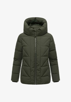 Veste rembourrée verte avec un col montant, dotée d'une fermeture éclair à l'avant, de poches latérales et d'un design matelassé en losanges.