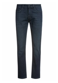 Mörkblå denimjeans med rak passform, femficksdesign, dragkedja och metallknap stängning. Slät textur, minimal blekning eller slitage.