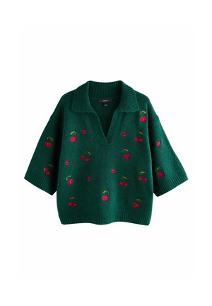 Green wool-blend pullover with a V-neck, short sleeves, and embroidered cherry patterns scattered throughout. Ribbed collar and hem.