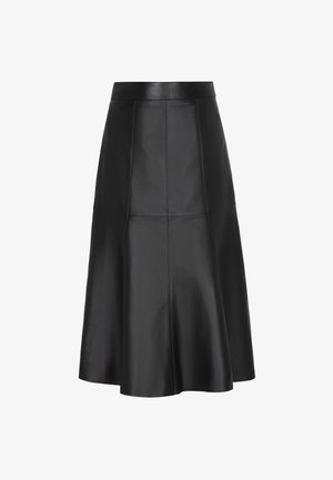 Schwarzer Leder-Midi-Rock in A-Linie mit Panelschneiderei und einem taillierten Bund, der sanft zur Saumkante ausläuft.