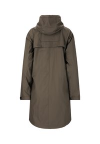 Vandafvisende regnjakke i olivengrøn med hætte, lange ærmer og en bageste flapdetalje. Glat tekstur og mellemlang design.