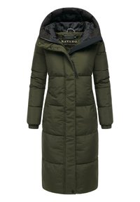 Grøn polstret lang frakke med sort hætte, der har lynlås og trykknaplukninger, elastiske manchetter og lodrette syninger.