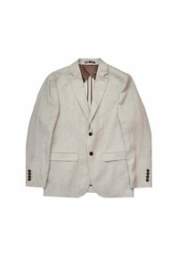 Ljusbeige linneblazer med tvåknappsförslutning, slagkrage och två framfickor. Har mörkbruna knappar och en kontrasterande inre foder.
