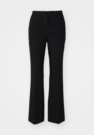 Black tailored trousers with a flared shape. Made of smooth fabric featuring front crease lines and a flat waistband. No visible pockets.