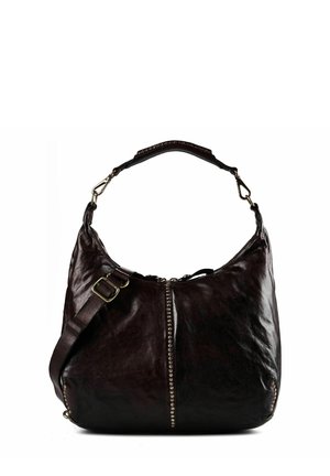 Borsa a mano in pelle marrone scuro con una tracolla regolabile singola e dettagli decorativi con borchie metalliche al centro e ai lati.