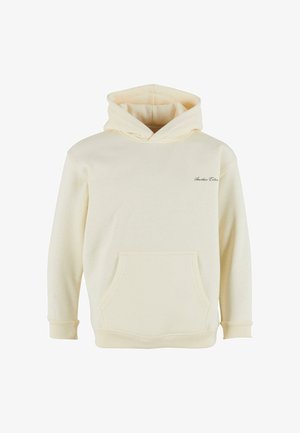 Krémová mikina s kapucňou, s predným vreckom, rebrovanými manžetami a lemom. Obsahuje jemné logo na ľavom hrudi. Vyrobená z jemného bavlneného materiálu.