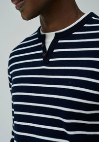 Maglietta henley a righe blu navy e bianche con colletto a costine e tre bottoni marroni, caratterizzata da un logo sottile vicino all'orlo.
