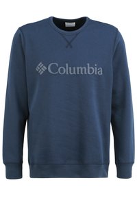 Felpa blu navy con collo a giro, maniche e orlo a costine. Presenta un grande logo "Columbia" in rilievo sulla parte anteriore. Realizzata in tessuto morbido.