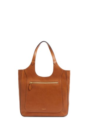 Borsa tote in pelle marrone con manici larghi e tasca frontale con cerniera e tiralampo dorato.