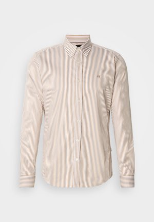 Beige és világosbarna csíkozású gombos ing. Hosszú ujjú, klasszikus gallér, elöl gombok, és egy kis logó a mellrészen. Pamut szövet.