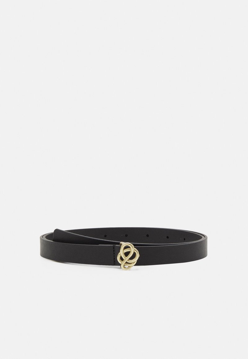 Black leather belt featuring a gold-tone knot buckle. The strap is smooth with multiple adjustment holes for size flexibility.