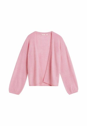 Rosa cardigan i mjukt material med omlottdesign, långa ärmar och avslappnad passform. Inga knäppningar, slät yta.